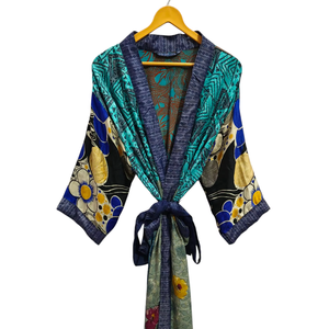 ชุดกิโมโนเย็บปะติดปะต่อกันชุดคลุมบิกินี่เสื้อคลุมยาวสำหรับใส่กลางคืนทำด้วยมือสไตล์วินเทจผ้าไหมส่าหรี - Product Image 1