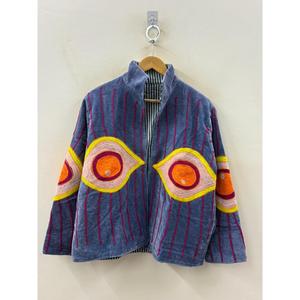 Autumn Boho <b>Reversible</b> <b>Jacket</b> Awakened Eye-Suzani Hand-Embroidered Velvet Stand Collar Slate Blue Saffron Magenta Bomber Style - Product Image 3