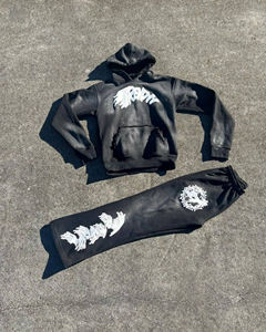 Chándal de Algodón de 450 GSM de Alta Calidad, Estilo Vintage, Desgastado por el Sol, con Parches, para Hombre, Lavado Ácido, Dobladillo sin Rematar, Estilo Pull-Up - Product Image 2