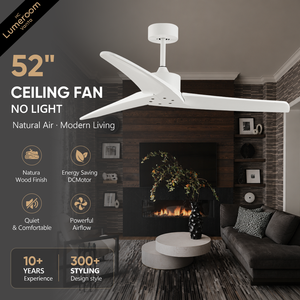 52 Inch 3 Blade White Ceiling <b>Fan</b> Without Light <b>Remote</b> <b>Control</b> DC Motor Solid Wood Blades for Bedroom Living Room - Product Image 1