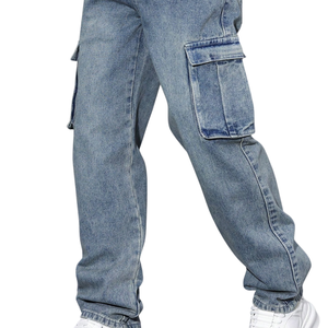 Mens <b>Light</b> Blue Denim Cargo Pants Loose Fit Straight Leg Multi Pocket Casual Washed Utility Jeans 100% Cotton Mid Everyday Wear - Product Image 3