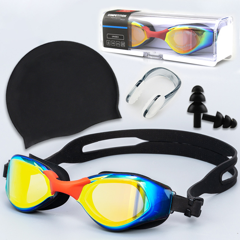 Großhandel Bade kappe und HD wasserdichte Brille 4-teilige Sets enthalten Ohr stöpsel Nasen clip Schwimmen benutzer definierte Erwachsenen Schwimm set