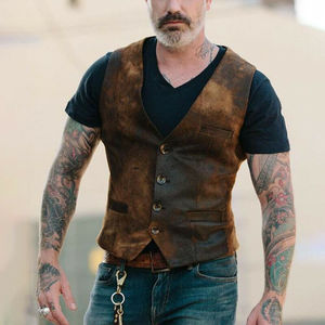 Autumn New Fashion <b>Men</b> Leather Jacket <b>Vest</b> Solid Color Sleeveless Button Jacket Motorcycle <b>Vest</b> Distressed Cool <b>Men</b> Clothing - Product Image 5