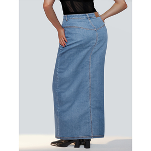 Jupe longue en jean délavé Paola Riboni avec fente avant, taille haute, coupe trapèze, pour femme, été, automne, hiver - Product Image 2