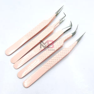 Juego completo de pinzas de extensión de pestañas de acero inoxidable con empuñadura de diamante recubierta de color nude claro al por mayor a granel - Product Image 2