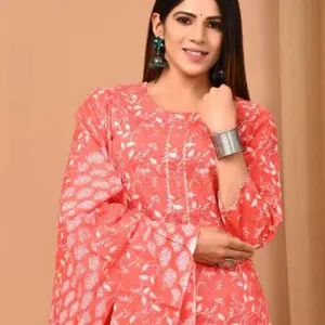 Latest Wholesale Pure Cotton Printed Kurtis with Printed Bottom and Mall Cotton Dupatta Latest Ready To Wear Kurti Sets Bulk OEM