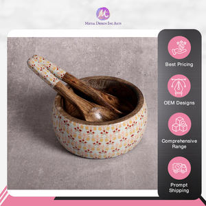 Nouvel arrivage Meilleur fournisseur Bol à salade en bois de manguier avec finition imprimée en émail Saladier avec serveur du meilleur vendeur indien - Product Image 4