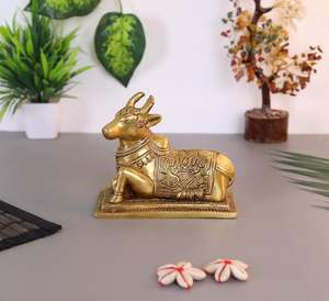 Polished Brass Nandi <b>Statue</b> 14 cm Sacred Cow Idol Shiv Sevak Gatekeeper of <b>Shiva</b> & Parvati Decorative Figurine - Product Image 1