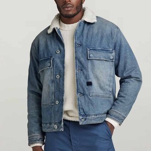 แจ็กเก็ตผ้ายีนส์สีฟ้าอ่อนสำหรับผู้ชายมีซับในสีขาวและติดกระดุมปิดด้านหน้ามีฝาปิดที่หน้าอกสองกระเป๋าแบบลำลองอบอุ่น - Product Image 5