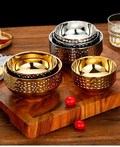 Cuenco de arroz martillado de acero inoxidable coreano de doble capa, vajilla de cocina de ramen dorado antiescaldado - Product Image 5