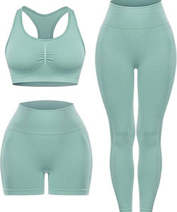 Sujetador deportivo de alto impacto ecológico para mujer, pantalones cortos transpirables para gimnasio, mallas sólidas para levantar glúteos, conjunto de entrenamiento de 3 piezas, cinturón frontal - Product Image 6
