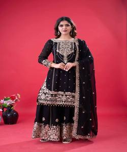 LOOK RICH GEORGETTE BRODERIE TOP DE TRAVAIL SHARARA AVEC DUPATTA FESTIVE WEAR PRIX DE GROS VÊTEMENT ETHNIQUE NOIR - Product Image 1