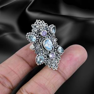 925 plata esterlina Topacio Azul Spinner anillo 925 plata esterlina piedra preciosa sólida hecha a mano niñas anillo Natural 925 joyería estampada - Product Image 3