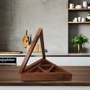 Boîte de rangement d'épices en bois antique avec finition de couleur naturelle au design triangulaire pour le stockage d'épices de cuisine - Product Image 3