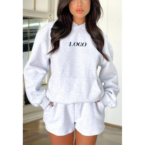 Confortable 100% coton porter à capuche et short pour femmes Gym Fitness Hoodie Shorts 2 pièces ensemble à la mode - Product Image 6