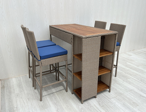 Ensemble de meubles de jardin en rotin tressé d'extérieur avec plateau de table en bois d'acacia, fabrication directe au Vietnam, table haute et chaise. - Product Image 1