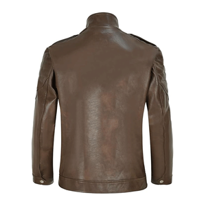 Chaqueta de moto de piel sintética marrón para hombre de calidad superior abrigo de bombardero de cuello de pie de doble capa extraíble - Product Image 2
