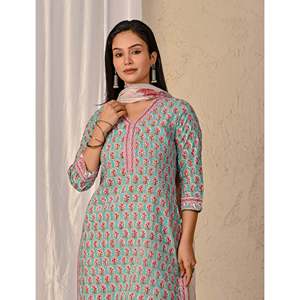 ชุดคุรตะผ้าฝ้ายพิมพ์ลายบล็อกสีเทอร์ควอยซ์ แขนสามส่วน สำหรับใส่ในชีวิตประจำวัน - Product Image 1