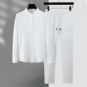 Conjunto de Dos Piezas para Hombre de Invierno, Camisa de Cuello Alto con Pliegues y Color Sólido, Corte Holgado, Pantalones Activos con Cintura Elástica - Product Image 4