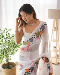 Indian Boutique Stylish Fancy Digital Print <b>White</b> Georgette Saree Exclusive Elegant Sari Blouse Ethnic Latest Trendy Blouse - Product Image 4