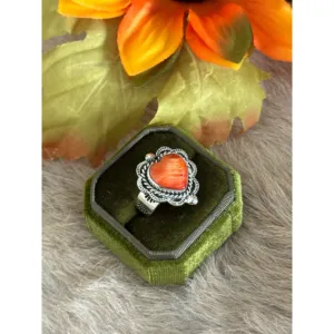 Southwest Handmade Turquoise & Spiny Oyster Sterling <b>Silver</b> <b>Adjustable</b> Heart Statement <b>Ring</b> - Product Image 3