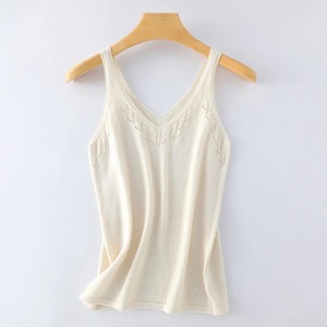 Verano 100% algodón puro cuello en V jacquard hueco tejido tirantes Mujer interior color sólido pulóver BASE TOP chaleco versátil - Product Image 4