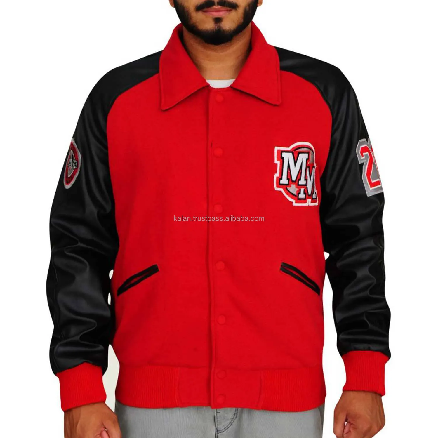 Byron Collar Custom Red Wool Body Woolen Varsity Jacket With Faux Leather Sleeves With Embroidery Patches