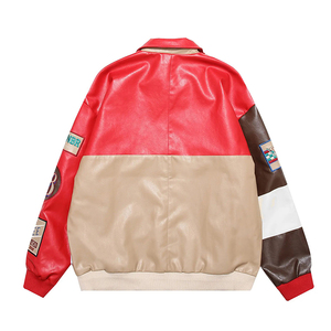 Tendance nouvelle mode hommes Streetwear coupe-vent couleur bloc Patchwork Logo personnalisé brodé Faux cuir Pu Bomber veste - Product Image 4