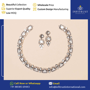 Premium Quality India-Made Versatile Silver Based <b>Jewellery</b> Uncut Polki Stone Earrings and Necklace <b>Set</b> at Wholesale Price - Product Image 2