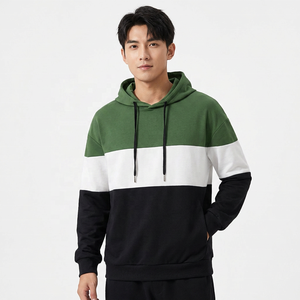 เสื้อฮู้ดดี้ผู้ชายแบบคัลเลอร์บล็อก ทรงโอเวอร์ไซส์ ผ้าถักเนื้อคอตตอน สวมใส่สบาย สีเขียวขาวดำลายทาง ดีไซน์สำหรับฤดูใบไม้ร่วง - Product Image 6