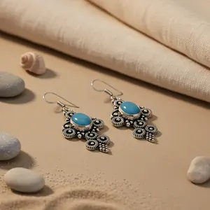 Boucles d'oreilles pendantes géométriques plaquées or avec pierre précieuse bleue pour femmes, bijoux de mariage et de fête - Product Image 2