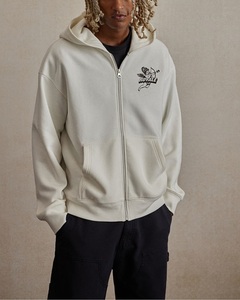 Coupe décontractée sweat à capuche imprimé zippé coton mélangé blanc épaule tombante manches longues poches passepoilées diagonales sweats pour hommes - Product Image 2