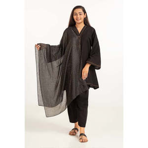 <b>Black</b> Foil Paper <b>Shawl</b>-23-04 B Elegant Long Ethnic Chiffon and Lace Floral Tassel Printing for All Seasons Made of Polyester - Product Image 1
