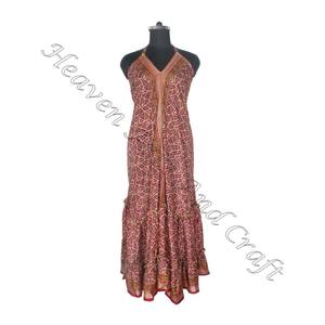 SD014 venta al por mayor bohemio elegante Vintage Sari Maxi vestido para mujer cuello en V Casual playa Hippie suelta verano fiesta desgaste para niñas - Product Image 5