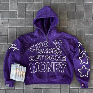 Y2K Trendy Custom Rhinestone Hoodie Unisex Fleece French Terry Acid Wash Distressed Zip up Hoodie Manufacturers Custom logo - Product Image 2