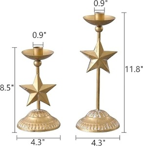 Juego de 2 Portavelas Cónicos de Hierro Hechos a Mano, Ecológicos, con Diseño de Estrella Dorada, para Decoración del Hogar, Decoración Navideña - Product Image 1