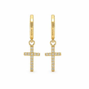 Orecchini a Cerchio E643 con Croce Cristiana in Oro, Cristalli Incastonati, Unisex per Uso Quotidiano - Product Image 1