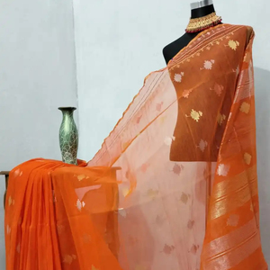 Exclusivo Deshi Dhakai naranja Jamdani Sharee calidad de exportación para mujeres JAMDANI tela rojo verde dorado cielo azul de Bangladesh - Product Image 1