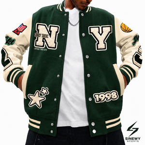 Chaqueta Deportiva Verde para Hombre SINEWY SPORTS, con Letras NY Bordadas, Diseño de Parche de Estrellas 1998, Estilo Preppy, Chaqueta de Béisbol Informal - Product Image 1