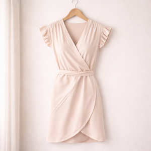 Women Elegant Solid Color Wrap Dress with Ruffle Sleeves - Product Image 1