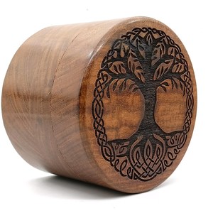Urnes funéraires décoratives pour cendres Belle urne en bois pour cendres humaines Forme ronde-Arbre de vie gravé-Urnes en bois - Product Image 1