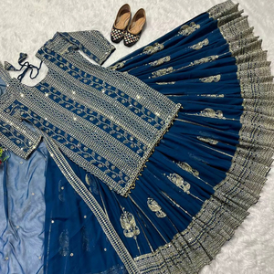 Lehenga y Dupatta Étnicos Indio-Pakistaníes de Georgette con Bordado de Lentejuelas, Vestido de Fiesta con Costura Completa, Fabricante Mayorista - Product Image 1