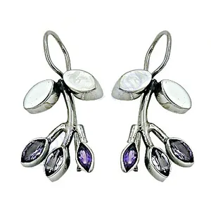 Boucles d'oreilles pendantes bohèmes en argent 925 avec améthyste et incrustation blanche motif végétal pour femme, à porter au quotidien - Product Image 2
