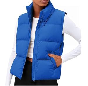 Chaleco Acolchado de Poliéster Grueso y Cálido con Cuello Camisero, Sin Mangas, Talla Grande, Color Azul Liso, para Invierno - Product Image 1