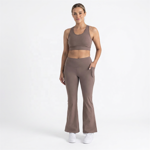 High Waist Flared Leg <b>Yoga</b> <b>Pants</b> With Pockets Solid Color Full Length Elastic Waist Spandex Polyester Four-Way Stretch - Product Image 5
