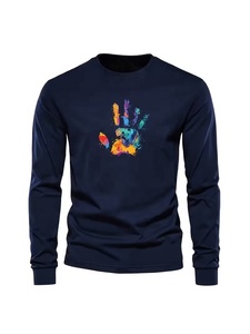 Sweat-shirt personnalisé en molleton épais à manches longues bleu marine avec imprimé palmiers coloré peint à la main, style streetwear, col rond, coupe classique, pour l'automne - Product Image 1