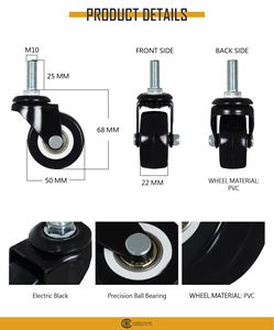 Rueda Giratoria de PVC con Eje Roscado M10 de 50 mm, Rueda de Repuesto para Muebles Eléctricos Negros - Product Image 2