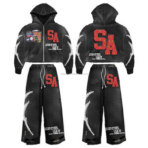 ชุดเซ็ตเสื้อฮู้ดดี้และกางเกงขายาวทรงบานแบบสั่งทำพิเศษ ปักลายขนาดใหญ่ กางเกงทรงหลวม สไตล์สเวตสูท ลุคย้อนยุคฟอกสีแบบแอซิดวอช  สำหรับผู้ชาย - Product Image 2