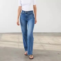 Vaqueros de mezclilla de algodón azules para mujer, de corte bootcut vintage, sueltos, informales, de cintura media, pierna regular, tejidos, con relieve, lavados, elásticos y con cremalleras.