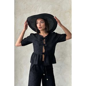 Blusa Tejida Bordada con Lazo Delantero en Azul Claro para Mujer, Marca TOPSHOW, en Mezcla de Algodón y Poliéster para Venta al Por Mayor - Tallas S, M, L - Product Image 3